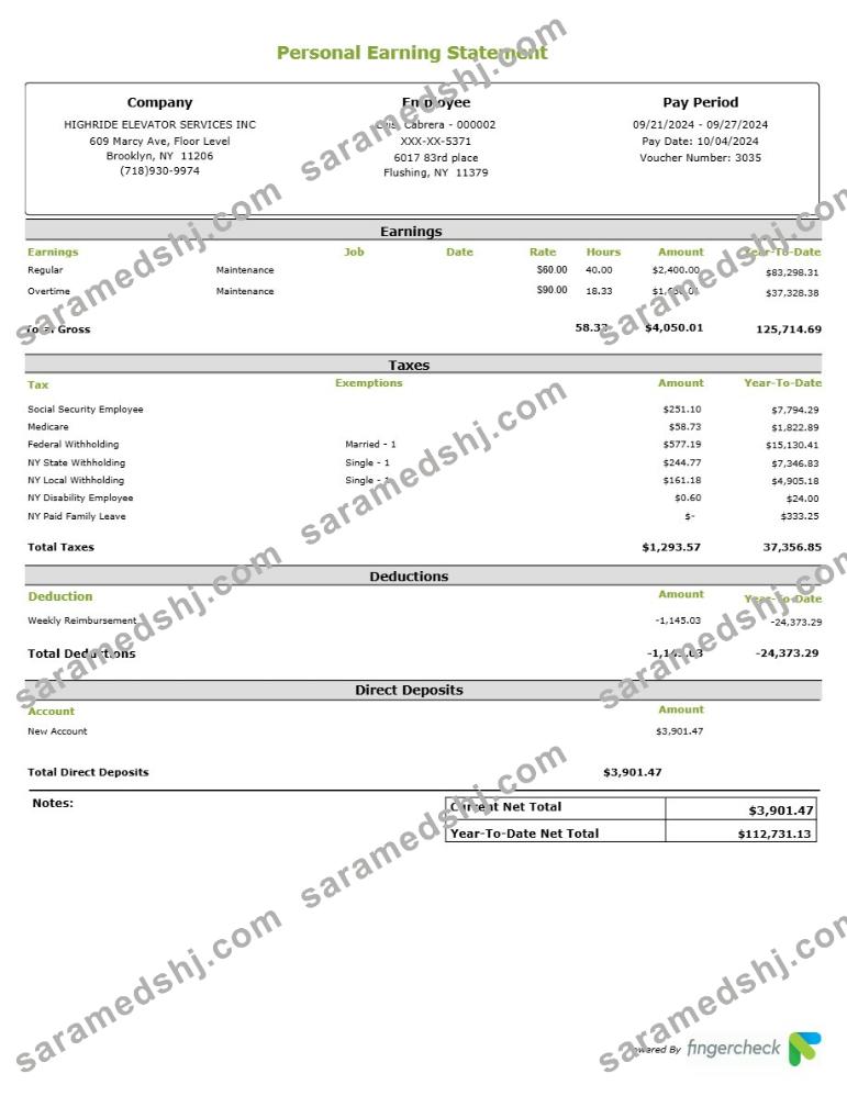 Highride Elevator Services INC personal earning statement template in Word and PDF formats.pdf, 1